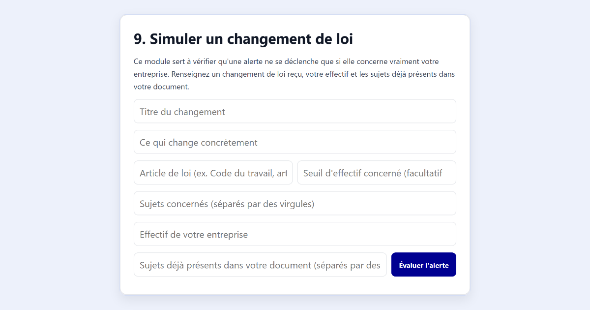 Écran Simuler un changement de loi du logiciel DUERP Humans Board