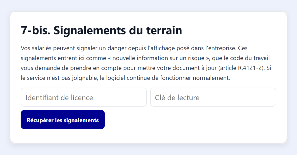 Écran Signalements du terrain du logiciel DUERP Humans Board