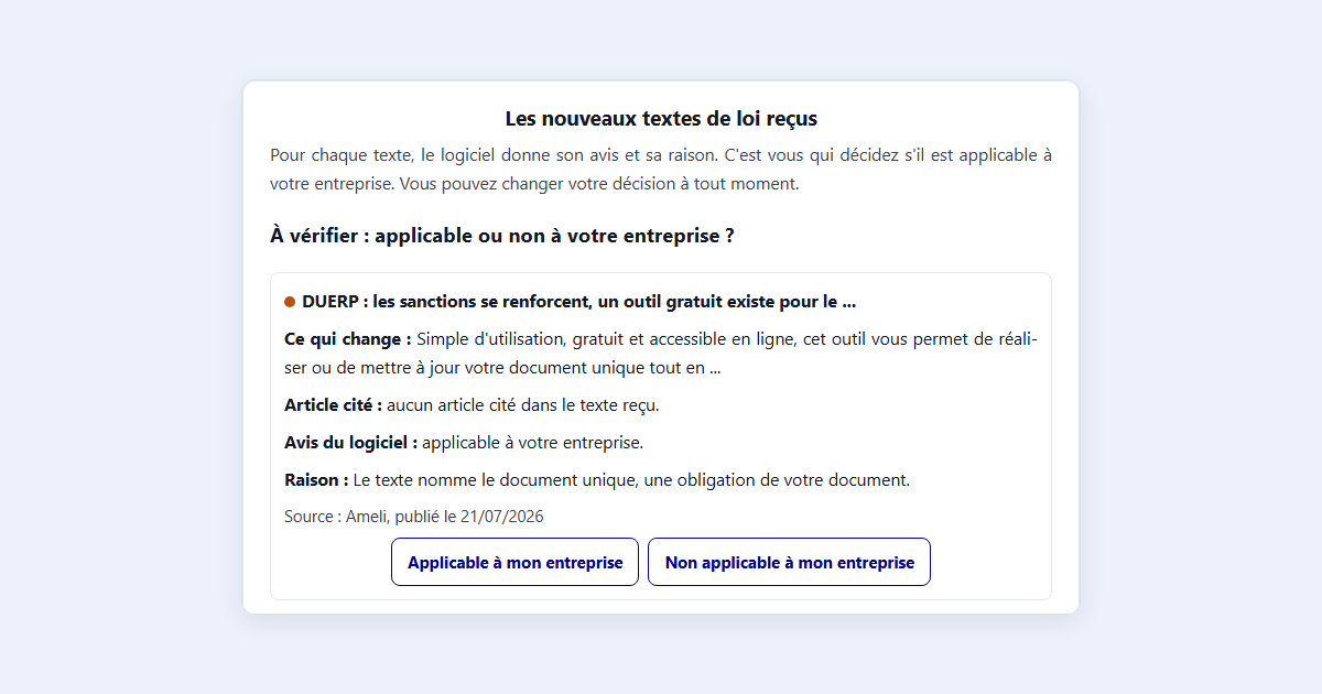 Écran Les nouveaux textes de loi reçus du logiciel DUERP Humans Board, avec l'avis du logiciel, sa raison et les boutons Applicable ou Non applicable à mon entreprise