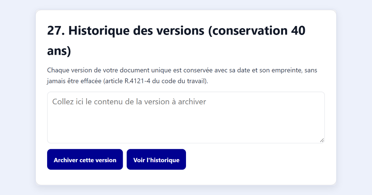Écran Historique des versions du logiciel DUERP Humans Board